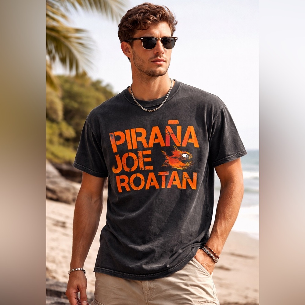 Pirana Joe Roatan Graphic T Shirt Mens M Faded Black Orange Y2K Tourist Tee